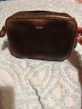 COACH Men's Dark Brown Leather Toiletry Pouch